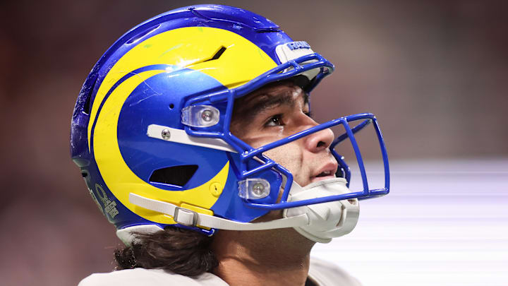 Dec 29, 2025; Atlanta, Georgia, USA; Los Angeles Rams wide receiver Puka Nacua (12) reacts after a play against the Atlanta Falcons in the fourth quarter at Mercedes-Benz Stadium. Mandatory Credit: Brett Davis-Imagn Images