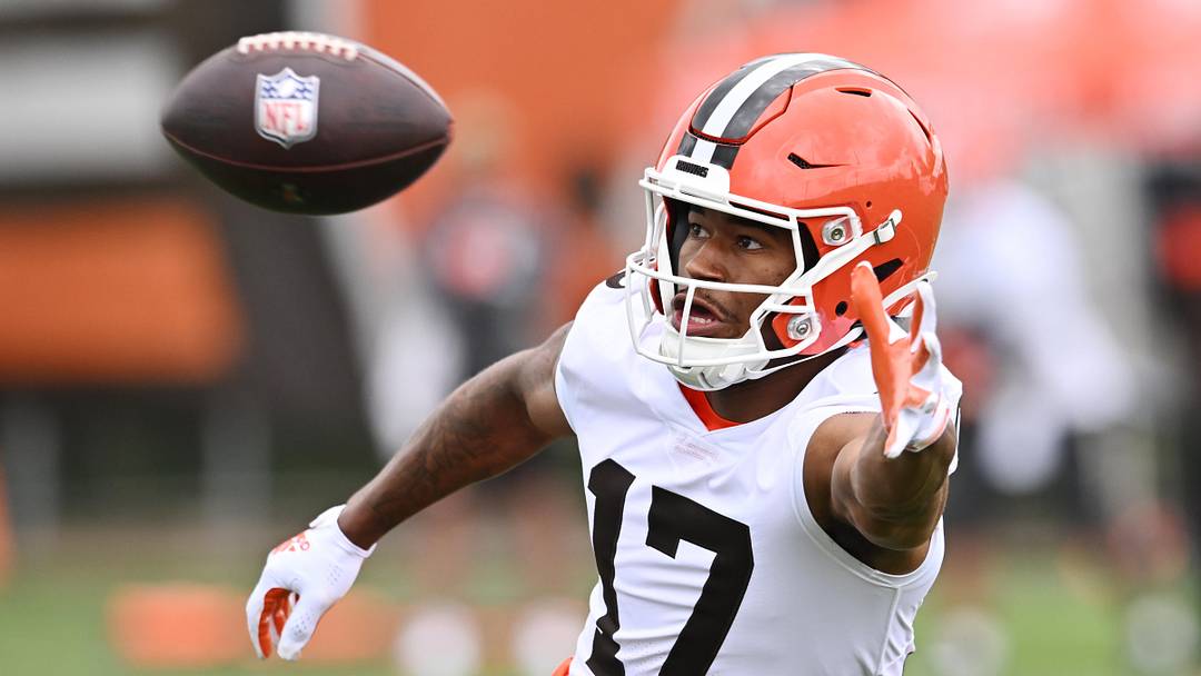 Cleveland Browns wide receiver KC Concepcion (17) goes for a catch during rookie minicamp. Cleveland Browns wide receiver KC Concepcion (17) goes for a catch during rookie minicamp.