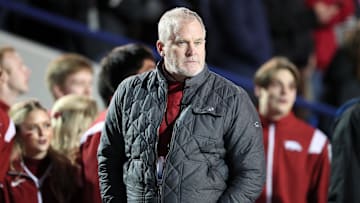 Dec 28, 2022; Memphis, TN, USA; Arkansas Razorbacks Vice Chancellor and Director of Athletics Hunter Yurachek during the second overtime against the Kansas Jayhawks in the 2022 Liberty Bowl at Liberty Bowl Memorial Stadium. Arkansas won 55-53. Mandatory Credit: Nelson Chenault-Imagn Images