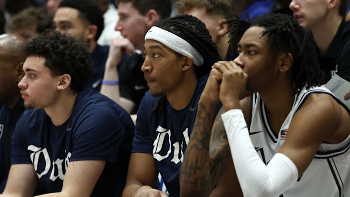 Notre Dame v Duke; Duke basketball players Darren Harris, Maliq Brown, and Isaiah Evans