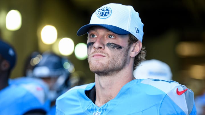 Aug 10, 2024; Nashville, Tennessee, USA;  Tennessee Titans Will Levis (8) against the San Francisco 49ers during the first half at Nissan Stadium