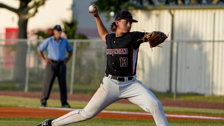 Vero Beach’s Sebastian Dimitroff pitches against Palm Beach Central in a high school baseball Region 3-7A game. He compiled a 0.85 ERA and 10-0 record in 66 innings pitched this season, striking out 97 and walking just 24, to lead the Indians to a 27-4 record and the Class 7A regional semifinals.