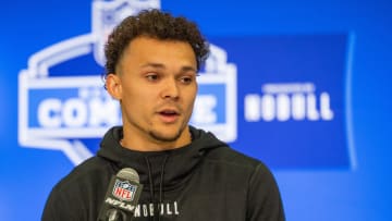 Mar 1, 2024; Indianapolis, IN, USA; Michigan wide receiver Roman Wilson (WO39) talks to the media during the 2024 NFL Combine at Lucas Oil Stadium. Mandatory Credit: Trevor Ruszkowski-USA TODAY Sports