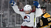 Jan 25, 2025; Boston, Massachusetts, USA; Colorado Avalanche left wing Artturi Lehkonen (62) celebrates after scoring a goal against the Boston Bruins during the second period at the TD Garden. Mandatory Credit: Brian Fluharty-Imagn Images
