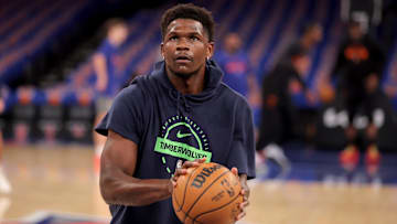 Nov 5, 2025; New York, New York, USA; Minnesota Timberwolves guard Anthony Edwards (5) warms up before a game against the New York Knicks at Madison Square Garden.