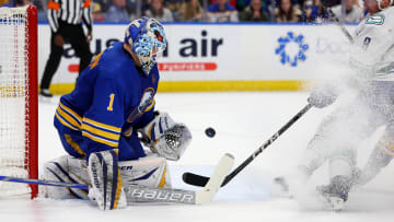 Jan 13, 2024; Buffalo, New York, USA;  Buffalo Sabres goaltender Ukko-Pekka Luukkonen (1) looks to