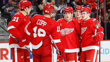 Oct 25, 2025; Detroit, Michigan, USA;  Detroit Red Wings right wing Jonatan Berggren (48) receives congratulations from teammates after scoring in the second period against the St. Louis Blues at Little Caesars Arena. Mandatory Credit: Rick Osentoski-Imagn Images
