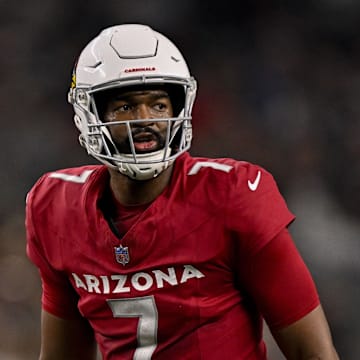 Nov 3, 2025; Arlington, Texas, USA; Arizona Cardinals quarterback Jacoby Brissett (7) sets the play at the line during the game between the Dallas Cowboys and the Arizona Cardinals at AT&T Stadium. Mandatory Credit: Jerome Miron-Imagn Images