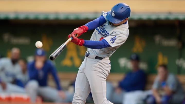 Aug 3, 2024; Oakland, California, USA; Los Angeles Dodgers infielder Cavan Biggio (6) bats against the Oakland Athletics during the sixth inning at Oakland-Alameda County Coliseum