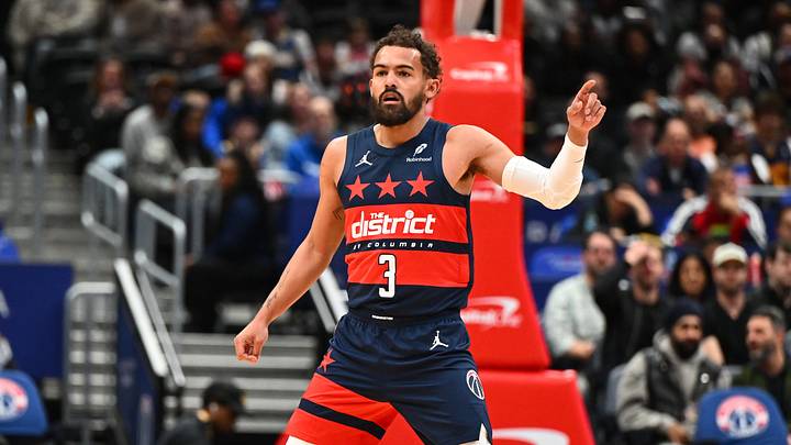 Mar 16, 2026; Washington, District of Columbia, USA; Washington Wizards guard Trae Young (3) on the court against the Golden State Warriors during the first half at Capital One Arena. Mandatory Credit: Brad Mills-Imagn Images