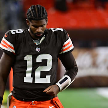 Nov 16, 2025; Cleveland, Ohio, USA; Cleveland Browns quarterback Shedeur Sanders (12) walks off the field following a game against the Baltimore Ravens at Huntington Bank Field. Mandatory Credit: Ken Blaze-Imagn Images