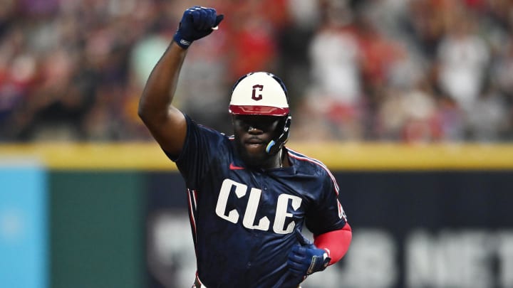 Cleveland Guardians right fielder Jhonkensy Noel (43) rounds the bases after hitting a home run during the fifth inning against the Pittsburgh Pirates at Progressive Field on Aug 30.