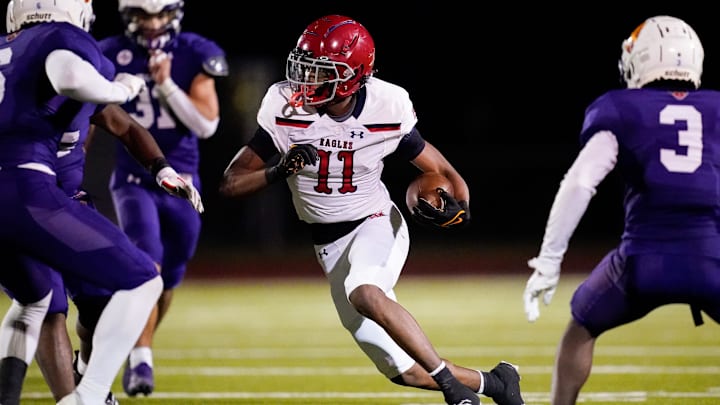Brentwood Academy's Kesean Bowman (11) runs the ball against Father Ryan during the third quarter at Father Ryan High School in Nashville, Tenn., Friday, Nov. 15, 2024.
