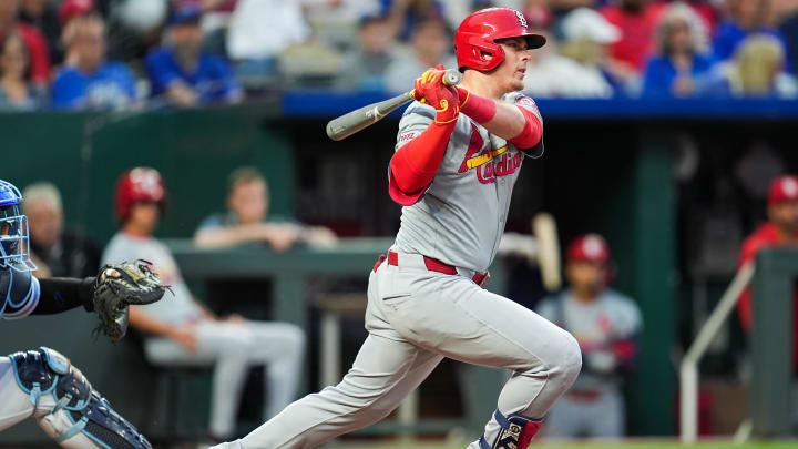 Aug 9, 2024; Kansas City, Missouri, USA; St. Louis Cardinals second baseman Nolan Gorman (16) bats during the fourth inning against the Kansas City Royals at Kauffman Stadium. Mandatory Credit: Jay Biggerstaff-USA TODAY Sports