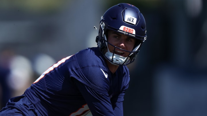 May 23, 2024; Englewood, CO, USA; Denver Broncos quarterback Bo Nix (10) during organized team activities at Centura Health Training Center. 