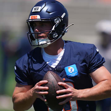Jun 10, 2025; Denver, CO, USA;Denver Broncos quarterback Bo Nix (10) during minicamp at Broncos Park Powered by CommonSpirit. Mandatory Credit: Ron Chenoy-Imagn Images