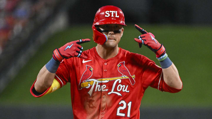 Jul 12, 2024; St. Louis, Missouri, USA;  St. Louis Cardinals right fielder Lars Nootbaar (21) reacts after hitting a single against the Chicago Cubs during the fifth inning at Busch Stadium. Mandatory Credit: Jeff Curry-USA TODAY Sports