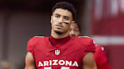 Nov 23, 2025; Glendale, Arizona, USA; Arizona Cardinals wide receiver Michael Wilson (14) against the Jacksonville Jaguars at State Farm Stadium. 