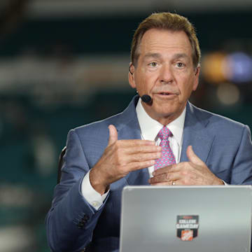 Jan 9, 2025; Miami, FL, USA; ESPN analyst Nick Saban before the game between the Notre Dame Fighting Irish and the Penn State Nittany Lions in the Orange Bowl at Hard Rock Stadium. Mandatory Credit: Nathan Ray Seebeck-Imagn Images