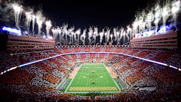 Fireworks are set off before an SEC football game between Tennessee and Ole Miss in a checkered Neyland Stadium in Knoxville, Tenn. on Saturday, Oct. 16, 2021.

Kns Tennessee Ole Miss Football