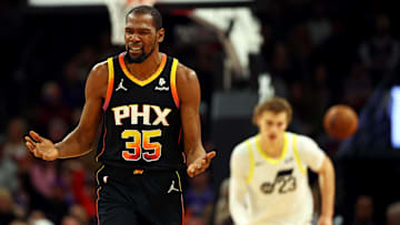 Feb 8, 2024; Phoenix, Arizona, USA; Phoenix Suns forward Kevin Durant (35) reacts after a play during the second quarter of the game against the Utah Jazz at Footprint Center. Mandatory Credit: Mark J. Rebilas-Imagn Images