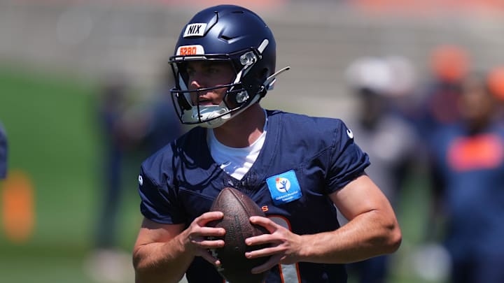 Jun 10, 2025; Denver, CO, USA; Denver Broncos quarterback Bo Nix (10) during minicamp at Broncos Park Powered by CommonSpirit. 