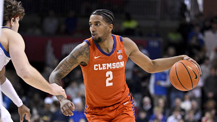 Feb 22, 2025; Dallas, Texas, USA; Clemson Tigers guard Dillon Hunter (2) in action during the game between the SMU Mustangs and the Clemson Tigers at Moody Coliseum. Mandatory Credit: Jerome Miron-Imagn Images