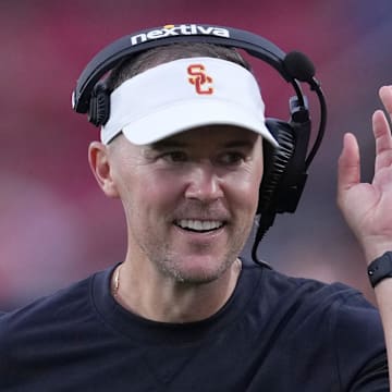 Sep 2, 2023; Los Angeles, California, USA; Southern California Trojans head coach Lincoln Riley reacts against the Nevada Wolf Pack  in the second half at United Airlines Field at Los Angeles Memorial Coliseum. Mandatory Credit: Kirby Lee-Imagn Images