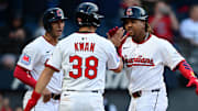 Apr 21, 2025; Cleveland, Ohio, USA; Cleveland Guardians third baseman Jose Ramirez (11) is congratulated by left fielder Steven Kwan (38) and shortstop Brayan Rocchio (4) after hitting a three run home run off New York Yankees starting pitcher Clarke Schmidt (36) during the third inning at Progressive Field. Mandatory Credit: David Dermer-Imagn Images