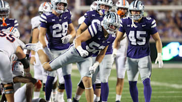 Aug 31, 2024; Manhattan, Kansas, USA; Kansas State Wildcats defensive end Ryan Davis (52) celebrates a stop during the third quarter against the Tennessee-Martin Skyhawks at Bill Snyder Family Football Stadium. Mandatory Credit: Scott Sewell-Imagn Images
