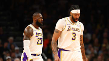 Nov 26, 2024; Phoenix, Arizona, USA; Los Angeles Lakers forward LeBron James (23) and forward Anthony Davis (3) against the Phoenix Suns during an NBA Cup game at Footprint Center. Mandatory Credit: Mark J. Rebilas-Imagn Images