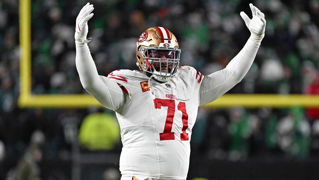 Jan 11, 2026; Philadelphia, PA, USA; San Francisco 49ers offensive tackle Trent Williams (71) celebrates win against the Philadelphia Eagles in an NFC Wild Card Round game at Lincoln Financial Field. Mandatory Credit: Eric Hartline-Imagn Images Jan 11, 2026; Philadelphia, PA, USA; San Francisco 49ers offensive tackle Trent Williams (71) celebrates win against the Philadelphia Eagles in an NFC Wild Card Round game at Lincoln Financial Field. Mandatory Credit: Eric Hartline-Imagn Images
