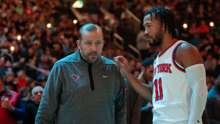 Nov 20, 2022; Phoenix, Arizona, USA; New York Knicks head coach Tom Thibodeau with guard Jalen Brunson (11) against the Phoenix Suns at Footprint Center. Mandatory Credit: Mark J. Rebilas-USA TODAY Sports