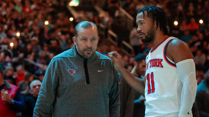 Nov 20, 2022; Phoenix, Arizona, USA; New York Knicks head coach Tom Thibodeau with guard Jalen Brunson (11) against the Phoenix Suns at Footprint Center. Mandatory Credit: Mark J. Rebilas-USA TODAY Sports