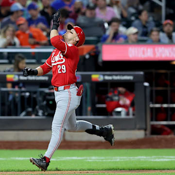 Sep 6, 2024; New York City, New York, USA; Cincinnati Reds center fielder TJ Friedl (29) rounds the bases after hitting a two run home run against the New York Mets during the seventh inning at Citi Field. Mandatory Credit: Brad Penner-Imagn Images