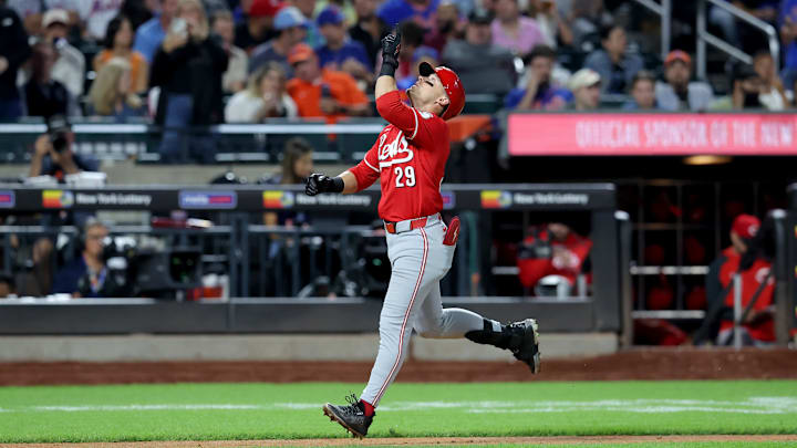 Sep 6, 2024; New York City, New York, USA; Cincinnati Reds center fielder TJ Friedl (29) rounds the bases after hitting a two run home run against the New York Mets during the seventh inning at Citi Field. Mandatory Credit: Brad Penner-Imagn Images