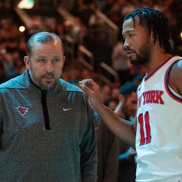 Nov 20, 2022; Phoenix, Arizona, USA; New York Knicks head coach Tom Thibodeau with guard Jalen Brunson (11) against the Phoenix Suns at Footprint Center. Mandatory Credit: Mark J. Rebilas-Imagn Images
