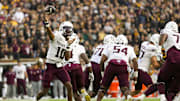 Nov 8, 2025; Columbia, Missouri, USA; Texas A&M Aggies quarterback Marcel Reed (10) throws a pass during the first half against the Missouri Tigers at Faurot Field at Memorial Stadium. Mandatory Credit: Jay Biggerstaff-Imagn Images