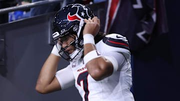 Oct 20, 2025; Seattle, Washington, USA; Houston Texans quarterback C.J. Stroud (7) runs onto the field for warmups prior to the game against the Seattle Seahawks at Lumen Field. Mandatory Credit: Kevin Ng-Imagn Images