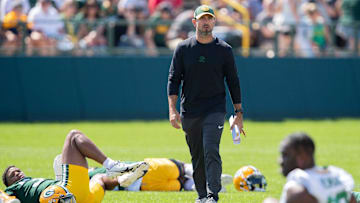 Green Bay Packers head coach Matt LaFleur surveys the field while the team stretches during practice on Saturday, July 29, 2023, at Ray Nitschke Field in Green Bay, Wis. Tork Mason/USA TODAY NETWORK-Wisconsin