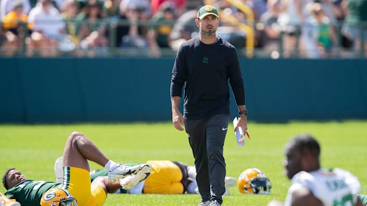 Green Bay Packers head coach Matt LaFleur surveys the field while the team stretches during practice on Saturday, July 29, 2023, at Ray Nitschke Field in Green Bay, Wis. Tork Mason/USA TODAY NETWORK-Wisconsin