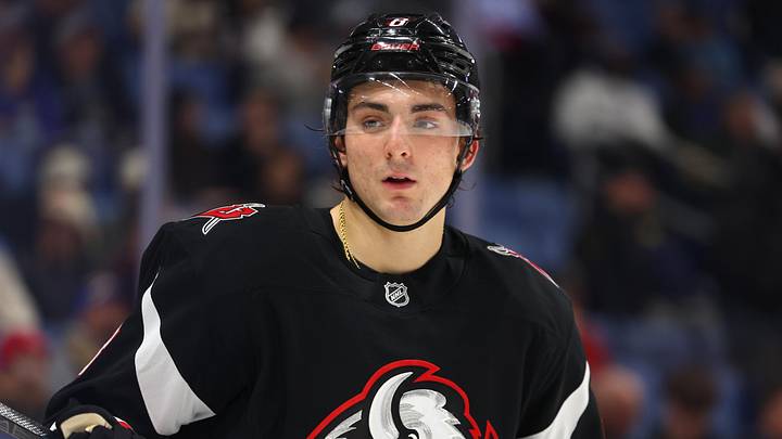 Nov 6, 2025; Buffalo, New York, USA;  Buffalo Sabres defenseman Michael Kesselring (8) at the start of the third period against the St. Louis Blues at KeyBank Center. Mandatory Credit: Timothy T. Ludwig-Imagn Images