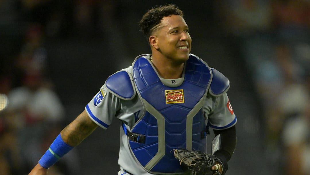 Sep 23, 2025; Anaheim, California, USA; Kansas City Royals catcher Salvador Perez (13) smiles after catching a pop foul during the third inning against the Los Angeles Angels at Angel Stadium. Mandatory Credit: Jayne Kamin-Oncea-Imagn Images Sep 23, 2025; Anaheim, California, USA; Kansas City Royals catcher Salvador Perez (13) smiles after catching a pop foul during the third inning against the Los Angeles Angels at Angel Stadium. Mandatory Credit: Jayne Kamin-Oncea-Imagn Images