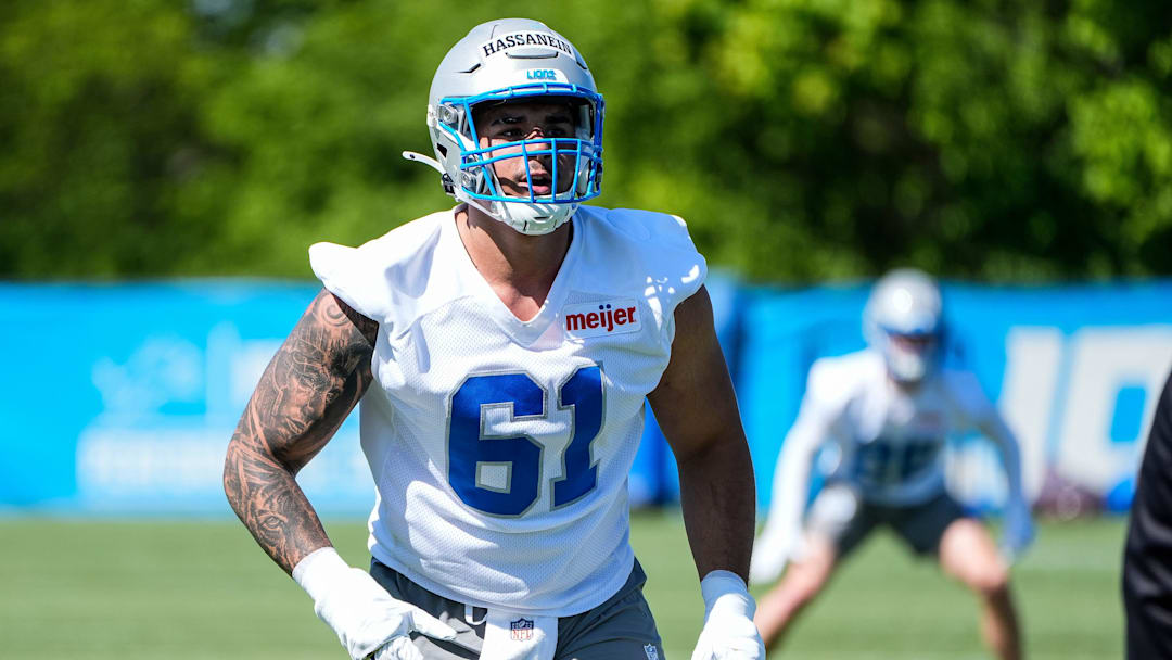 Detroit Lions defensive lineman Ahmed Hassanein (61) practices during rookie mini camp at Meijer Performance Center in Allen Park on Friday, May 9, 2025.
