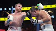 Canelo Alvarez and Gennadiy Golovkin box during a super middleweight championship bout at T-Mobile Arena