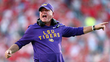 Sep 27, 2025; Oxford, Mississippi, USA; LSU Tigers head coach Brian Kelly reacts during the fourth quarter against the Mississippi Rebels at Vaught-Hemingway Stadium. Mandatory Credit: Petre Thomas-Imagn Images