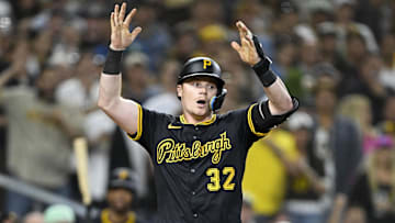 May 30, 2025; San Diego, California, USA; Pittsburgh Pirates catcher Henry Davis (32) reacts after a called strike out during the eighth inning against the San Diego Padres at Petco Park. Mandatory Credit: Denis Poroy-Imagn Images