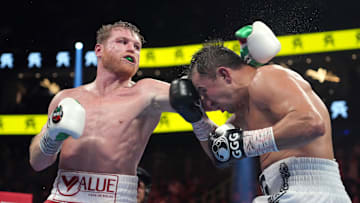Canelo Alvarez and Gennadiy Golovkin box during a super middleweight championship bout at T-Mobile Arena