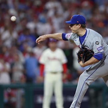 New York Mets pitcher Phil Maton (88) throws a pitch against the Philadelphia Phillies in the eighth inning in game one of the NLDS for the 2024 MLB Playoffs at Citizens Bank Park.