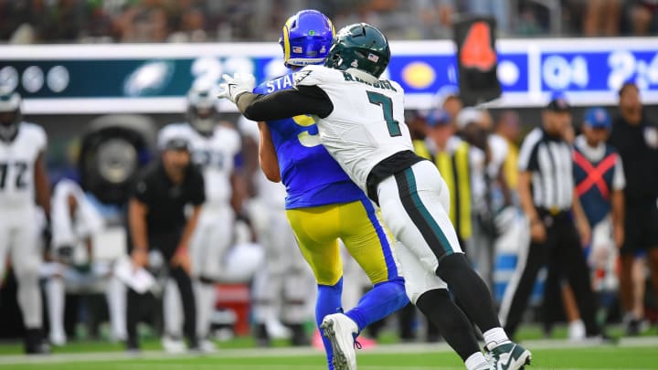 Oct 8, 2023; Inglewood, California, USA; Los Angeles Rams quarterback Matthew Stafford (9) is sacked by Philadelphia Eagles linebacker Haason Reddick (7) during the second half at SoFi Stadium. Mandatory Credit: Gary A. Vasquez-USA TODAY Sports